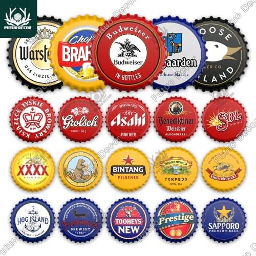 Putuo Decor Beer Bottle Cap Decor Metal Sign Plaque Decorative Tin Sign Man Cave Pub Bar Club Wall Decoration