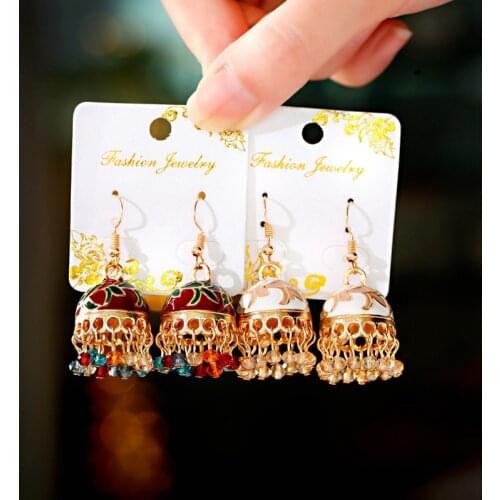Ethnic Colorful Beads Tassel Gold Jhumka Earrings Womens Ethnic Vintage Flower Bollywood Oxidized Bell Tassel Earrings