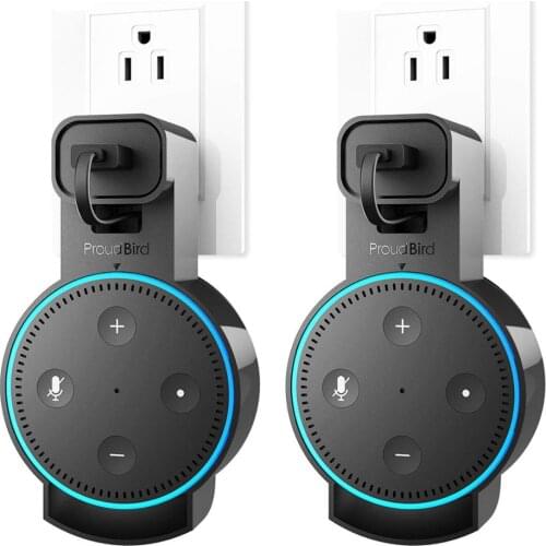 GGMM Wall Mount Outlet Holder Hanger for Echo Dot 2rd Gen Portable Holder With Charging Adapter Wire Saving Stand Holder Sound Enhanced for Your Smart Home Speaker in Kitchens, Bathroom, Bedroom (Black, 2pcs)