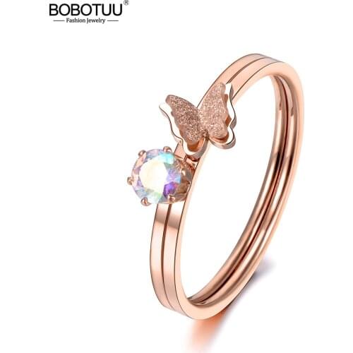 BOBOTUU Stainless Steel 2 In 1 Rings Buttfly Colored Zircon Ring Cute Rose Gold Color Jewelry For Valentines Day Gift BR18141