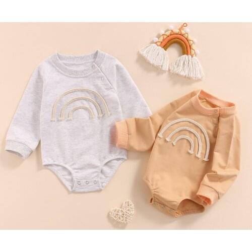 Baby Solid Rompers Autumn Toddler Kids Boys Girls Long Sleeve Embroidery Rainbow Button Rompers Jumpsuits Cotton Soft Clothes