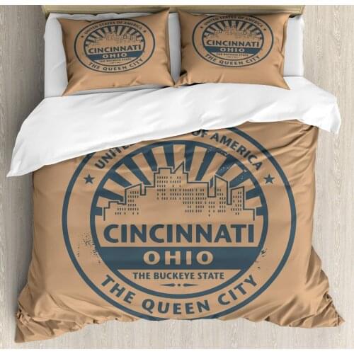 Cincinnati Duvet Cover Set Queen City Advertising Vintage of State 3 Piece Bedding Set Dark Sand Brown and Slate Blue