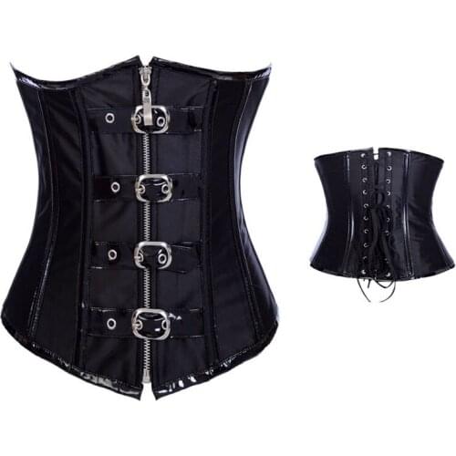 Red Black High Quality Rivets And Buckles Decorated Waist Trainer Steel Boned Halterneck Leather Corset Underbust Korsett