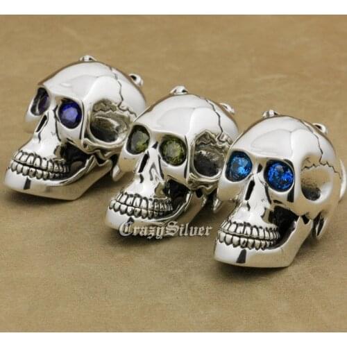 CZ Eyes Skull Mouth Jaw Openable 925 Sterling Silver Mens Biker Rocker Punk Pendant 8C113 Just Pendant