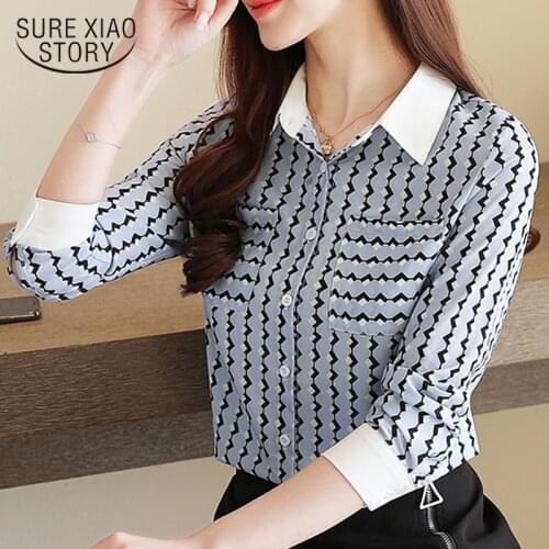Korean Fashion Clothing 2021 Chiffon Shirts Women Korean Long Sleeve Striped Turn-down Collar Slim Blouses Ladies Tops 8469 50