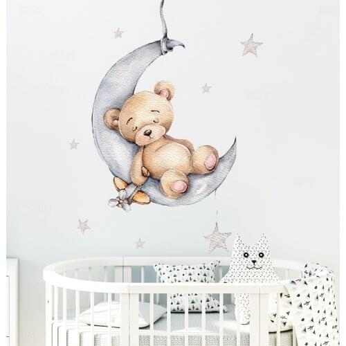 Cartoon Teddy Bear Sleeping on the Moon and Stars Wall Stickers for Kids Room Baby Room Decoration Wall Decals Room Interior