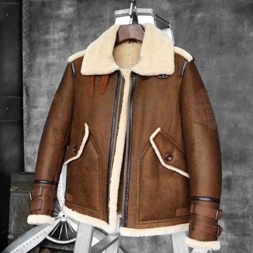 Mens B-3/B-6 Sheepskin Shearling Bomber Jacket Brown Zip Winter Warm Big Pocket Man coat male thick Jacket