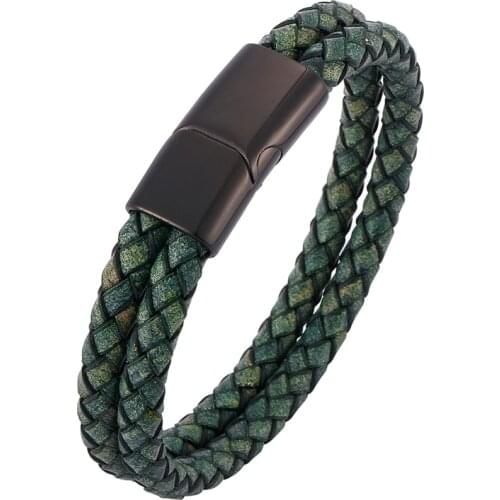 Punk Antique Green Double Braided Leather Bracelet Retro Men Jewelry Stainless Steel Magnetic Clasp Male Wristband Gifts PD0509