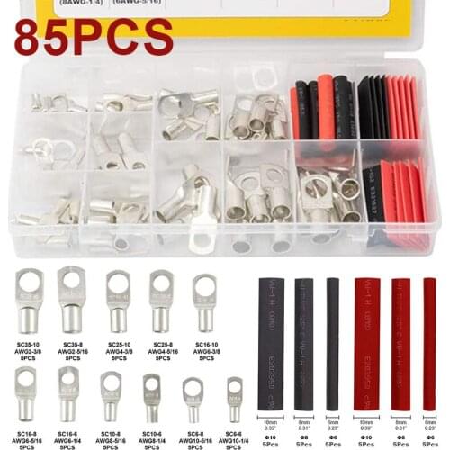 85Pcs/Box Solder Seal Terminal Ring Kit Cable Tinned Copper Ring Lug Terminal Connector Heat Shrink Tubings Electrical Equipment
