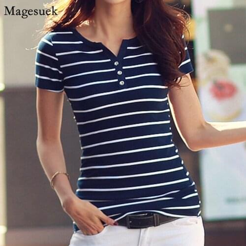 New Summer Striped White Blouse Shirt V-neck Slim Office Casual Blouses Shirts Plus Size Cotton Female Shirt Tops Blusas 3188