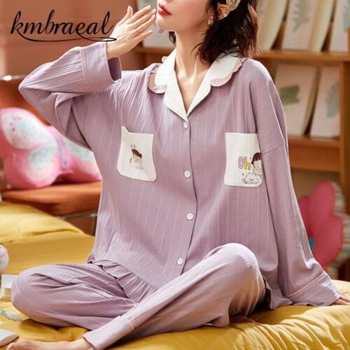 Kmbraeal New Cotton Woman Pajamas Set 2 Pieces Spring Autumn Sleepwear Cartoon Homewear Student Comfortable Cute Plus Size M-3xl