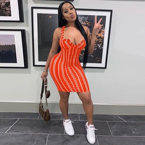 Casual Simple Striped Print Dress for Women Ladies V Neck Sleeveless Mini Dresses Summer Elegant Female Bohemian Club Vestidos