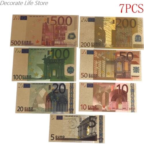 7pcs High Quality 24K Gold Plated Euros Fake Money Commemorative Notes Collection Souvenir Antique Decoration 5-500 Dollar