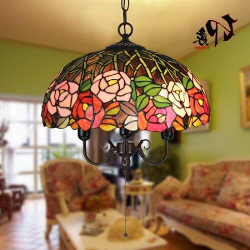 16inch Tiffany Flower Stained Glass Suspended Luminaire E27 110-240v Chain Pendant Lights For Home Parlor Dining Room luminaire