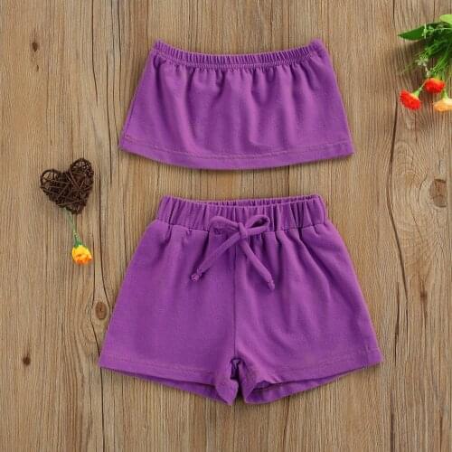 2021 1-6Y Holiday Baby Outfit Purple Solid Off Shoulder Wrap Tops+Shorts Bow Elastic High Waist Casual Cool Kids Summer Clothing