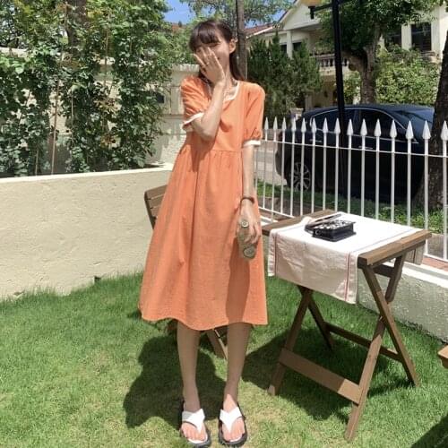 Halter Square Neck Short-sleeved Dress Female Summer New Style Korean Version of The Waist and Thin A-line Long Skirt