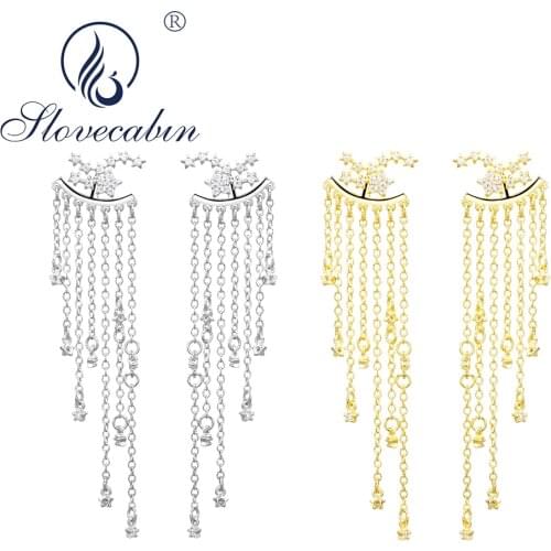 Slovecabin Real 100% 925 Sterling Silver Fashion Star Long Tassel Drop Earrings For Women Crystal Bridal Wedding Earrings Gift