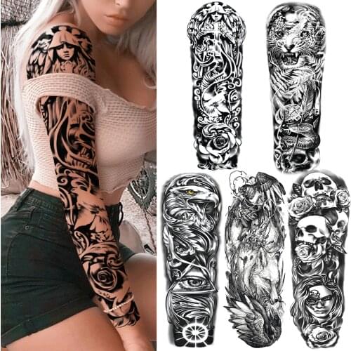 Large Nun Girl Full Sleeve Temporary Tatoos Sticker For Women Men Black Fake Lion Tattoos Warrior Skull Skeleton Tatoos