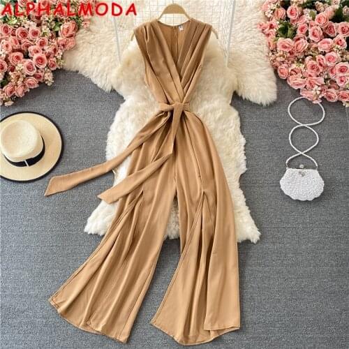 ALPHALMODA 2021 Summer V-neck High Waist Slim Wide Leg Jumpsuit Women Lace Up Sashes Front Slit Casual Holidays Outfit