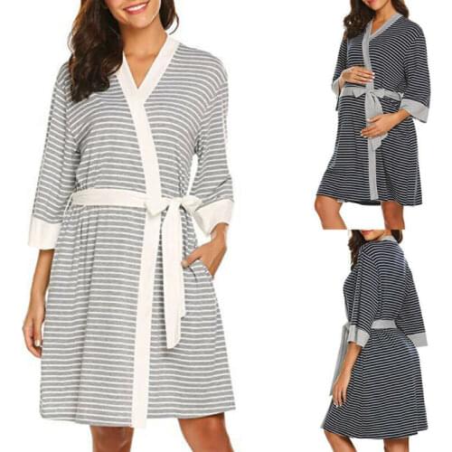 Women Maternity Striped Long Sleeve Top Shirt Ladies Nursing Robe Gown Nightwear