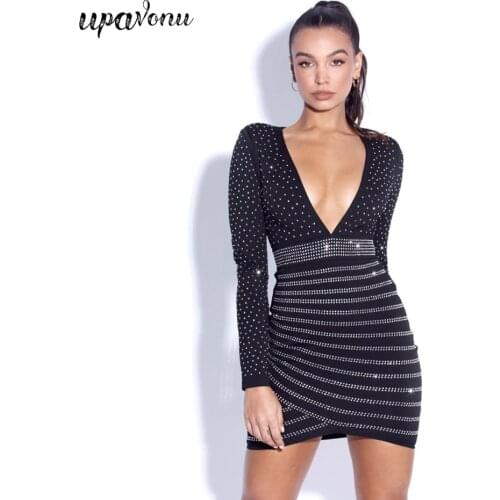 Free Shipping 2021 New Fashion Womens Bandage Dress Beading Long Sleeve V Neck Vestido Party CB of House Bodycon Black Dress