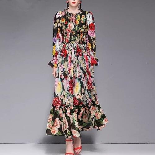 Vestidos Runway Designer Women Vintage Flower Print Ruffles Boho Maxi Dress Elastic Waist Elegant Vacation Party Long Dresses