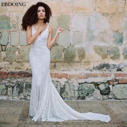 Vestidos De Novia Elegant Wedding Dress Mermaid Lace Newest V-neck Neckline Sleeveless Chapel Train Plus Size Wedding Party Gown