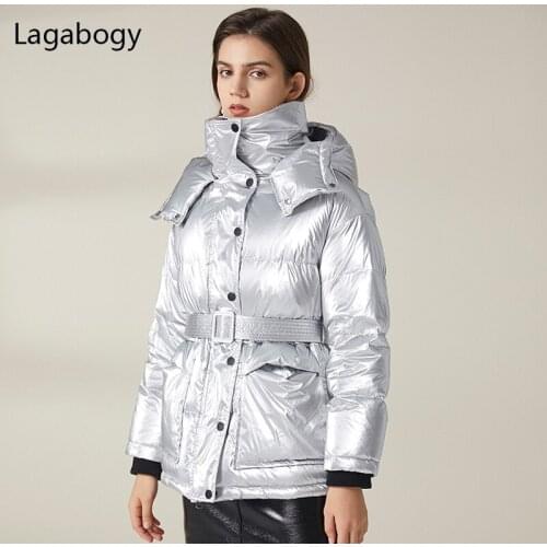 Lagabogy 2021 Winter Glossy Women 90% White Duck Down Coat Short Warm Loose Parkas Female Hooded Waterproof Puffer Jacket Belt