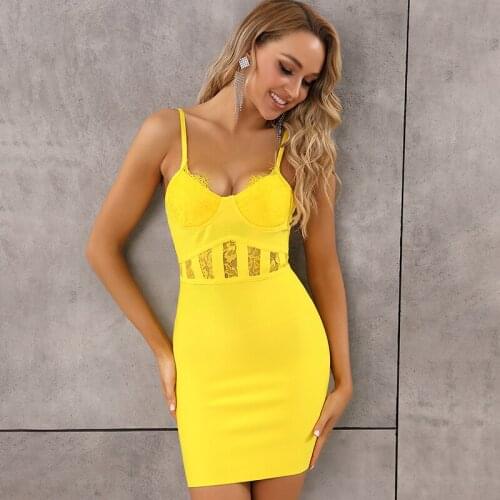 2020 Women Sexy Designer Lace Yellow Bandage Dress High Street Sleeveless Celebrity Evening Party Dress Vestido