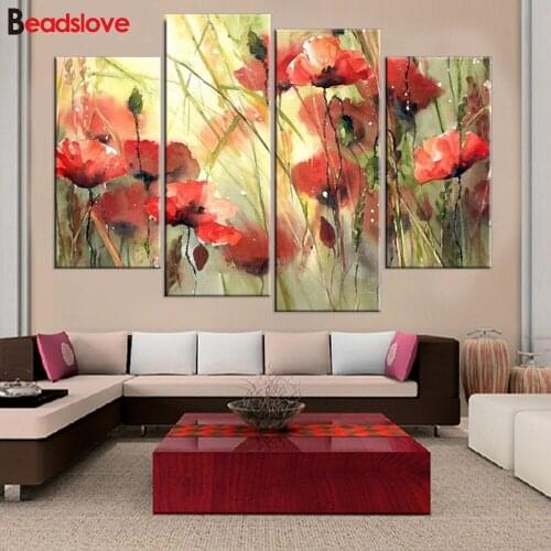 4pcs Diamond Paint abstract red Poppy flower handmade diamond cross stitch Mosaic home decorative art painting square drill