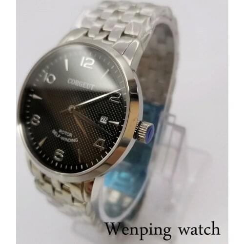 Corgeut mens 41mm automatic mechanical sapphire glass watch mens silver case sports clock seagull movement