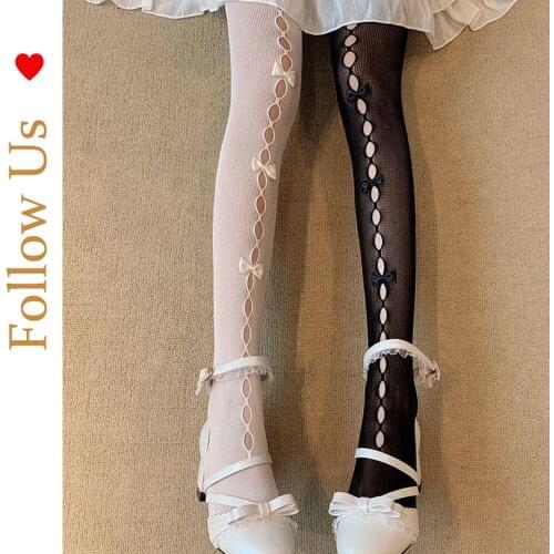 Hollow bow knot net stockings beautiful girl Japanese Lolita Lei pantyhose short skirt socks white and black sock