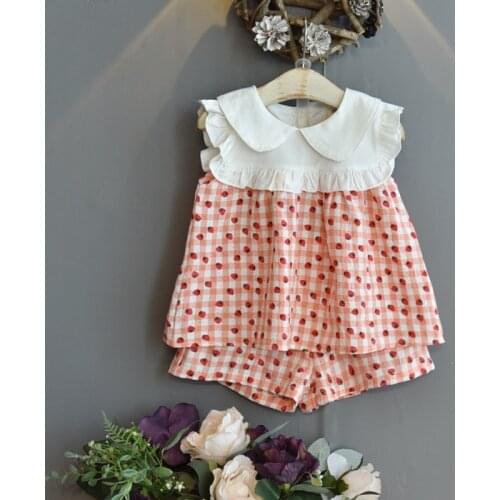 Kids Clothing Girls Strawberry Plaid Print Set Summer Childrens Clothing Suit Short Sleeve Shirt T-shirt Shorts 2-piece Set