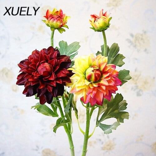 2 Heads Dahlias Artificial Flowers Silk Fall Vivid Real Touch Daisy Fake Flowers for Wedding Party DIY Home Decoration Floral
