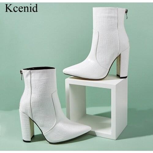 Kcenid White PU leather ankle boots women zipper shoes block high heels western boots fashion pointed toe ladies shoes size 42