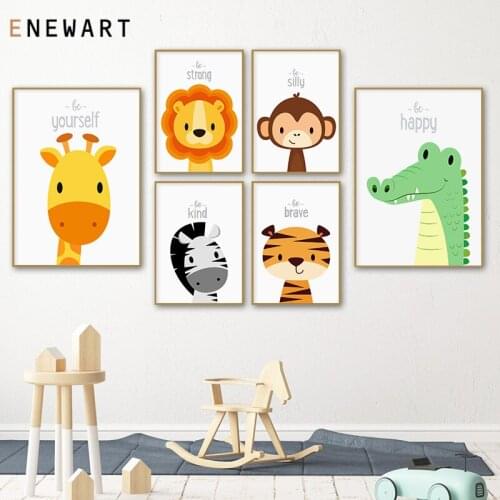 Cartoon Nursery Animal Deer Lion Bear Owl Minimalist Art Canvas Poster Painting Wall Picture Print Home Kid Room Decoration