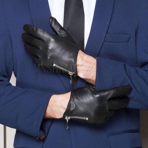 Man fashion cool side zipper real Italy leather black gloves