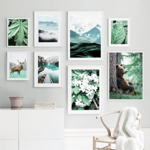 Green Forest Tree Leaf Mountain Bear Deer Wall Art Canvas Painting Nordic Posters And Prints Wall Pictures For Living Room Decor