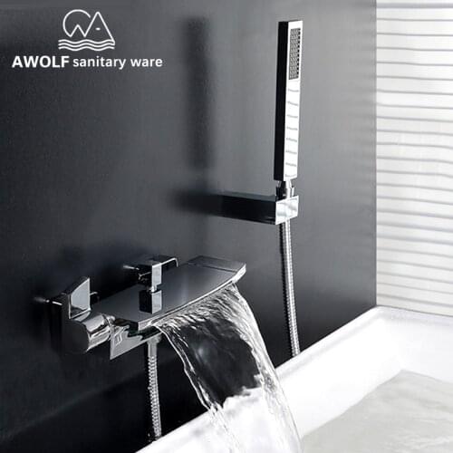 Wall Mounted Bathroom Waterfall Faucet Solid Brass Bathtub Shower Mixer Tap Dual Handle Dual Hole Black Chrome Shower Set ML8066