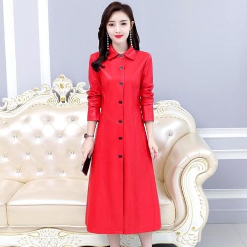 2021 New Autumn Plus Size Long Leather Jacket Women Winter Sheep Skin Windbreaker Lady Spring Outerwear Ladies Slim Trench Coats