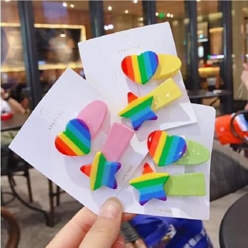 Korean girl rainbow five-pointed star love hair clip 2Pcs set Blogger side clip hair accessories back head hairpin headwear