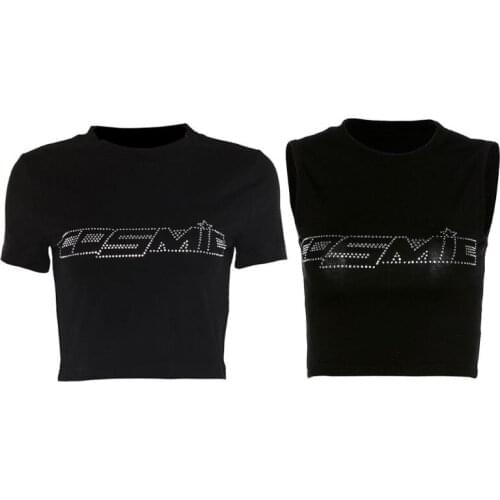 Women Short Sleeve/Sleeveless Crop Top Rhinestone Letter T-Shirt Vest Streetwear F3MD