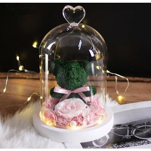 YO CHO Real Rose In Glass Moss Teddy Bear Christmas Valentines Gift Everlasting Preserved Rose Flower Wedding Home Room Decor
