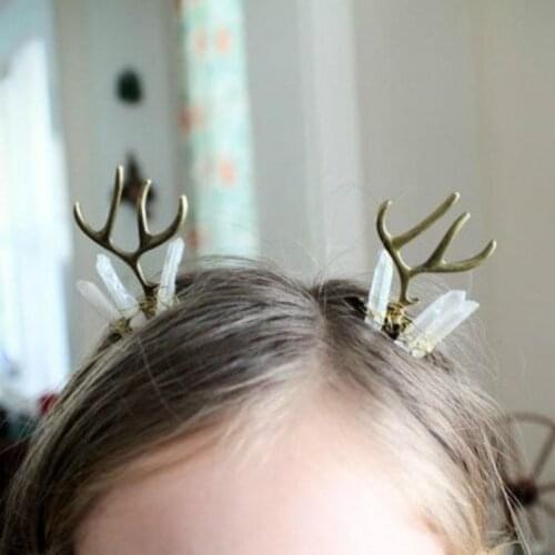 Antler hair button Antler and Blue Crystal Hair Comb, Deer Costume, Small Crystal Comb, Woodland Hair Piece, Elven Quartz Horns