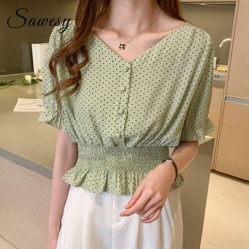 Polka Dot Fashion Casual Korean Chiffon Blouse Women Summer Short Sleeve V Neck Peplum Top Green White