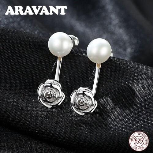 Unique Design 925 Sterling Silver Rose Flower Pearl Stud Earrings For Women Silver Jewelry