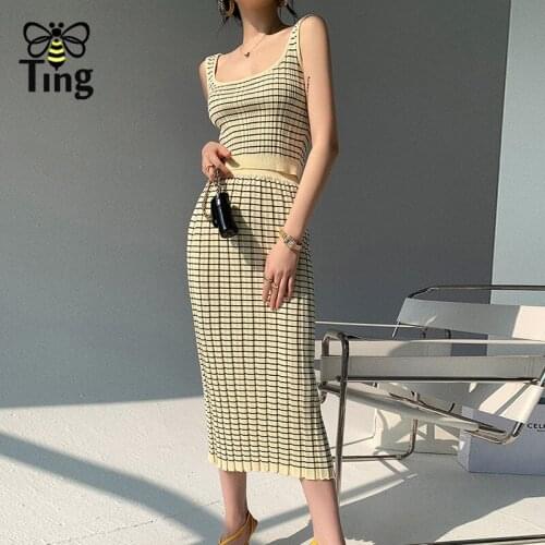 Tingfly Elegant Hit Color Two Piece Set For Women Sleeveless Top High Waist Midi Skirts Slim Dress Sets Female 2021 Knit Outfits