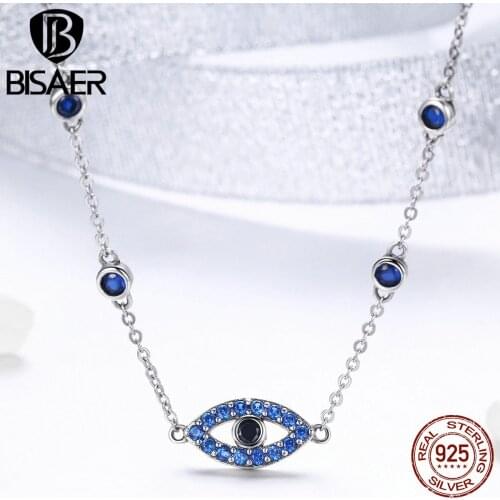BISAER Authentic 925 Sterling Silver Lucky Blue Eyes Women Necklaces Pendant Female Collar Sterling Silver Jewelry gift ECN300