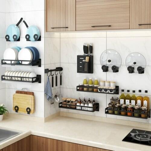 10pcs Wall Shelf Kitchen Storage Organizer Shelf Spice Rack Black Nail-free Stainless Steel Kitchen Accessories Organizer