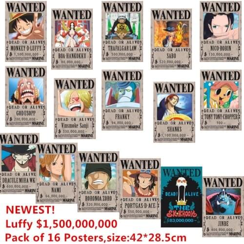 16 PCS/SET OP Posters A3 WANTE DEAD OR ALIVE 42*29cm LUFFY 1.5Billion JINBE SABO USOPP LAW Stickers Toys